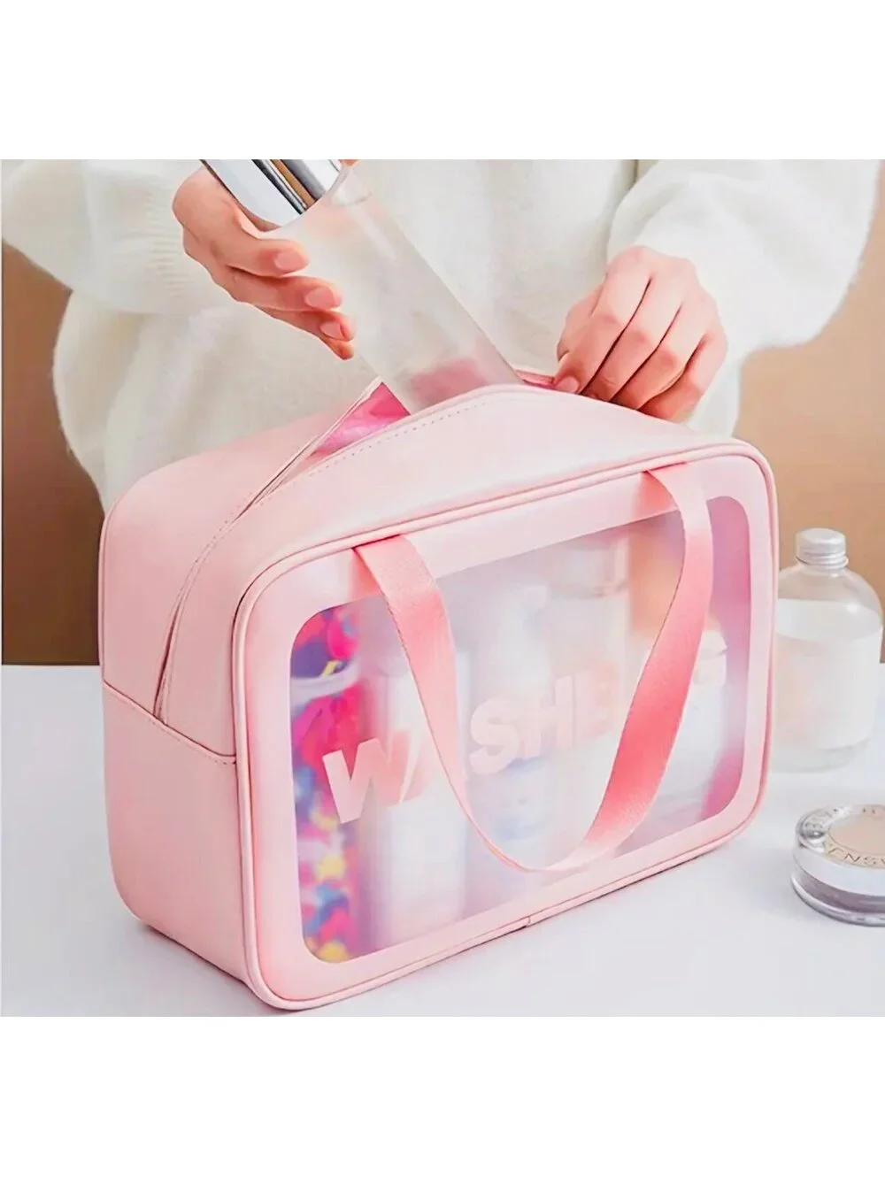 New - Transparent Faux Leather Makeup Bag - Pink /Clear